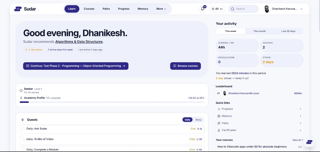 Sudar Learn dashboard